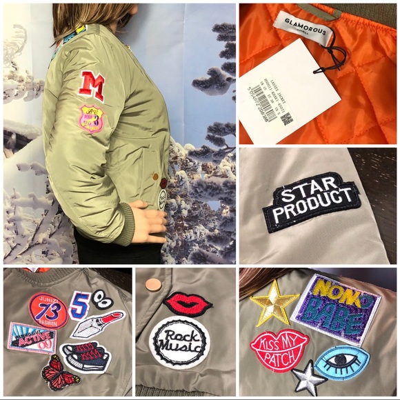GLAMOROUS Khaki Badge Detail Bomber Jacket - Picture 3 of 5